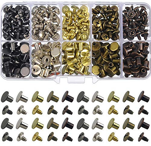 Set di 150 viti Chicago a testa piatta rotonda con rivetti in metallo, rivetti a vite, borchie in metallo, per artigianato in pelle, 5/16 pollici (misti in scatola)