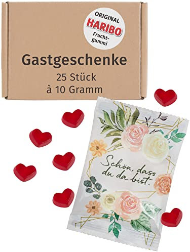 von Rafenstein Fruchtgummiherzen 25 x 10g - Schön, dass du da bist - als Gastgeschenke Hochzeit und Vintage Hochzeitsdeko. Gummibärchen Hochzeit