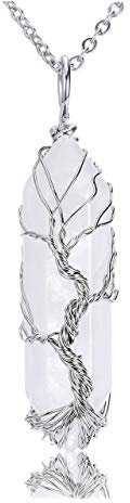 CrystalTears Natural Clear Quartz Healing Crystal Stone Necklace Tree Life Wire Wrapped Hexagonal Crystal Points Pendant Necklace Jewellry Crystal Mothers Day Gifts for Mum Women