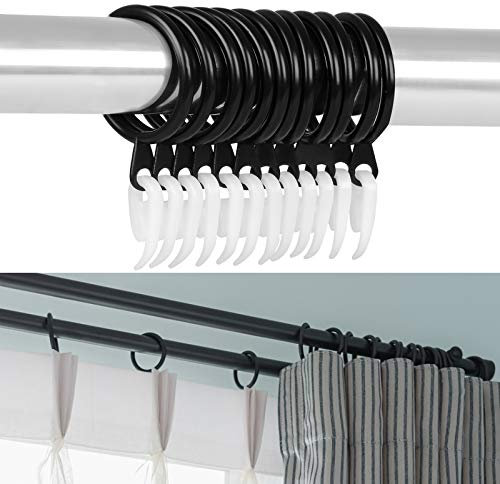 Curtain Rings, 48 Pack Black Metal Curtain Hoops and Plastic Hooks, Drape Sliding Curtains Hanging Rings for Pole Rod, 30 mm Internal Diameter