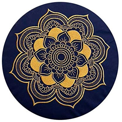 Meditationskissen Yogakissen Celine Madeleine mit Stickerei Bezug waschbar, gefülltes Innenkissen mit Bio-Dinkelspelzen 33 x 15 cm geeignet für Anfänger und Geübte (blau/gold (Kordelzug))
