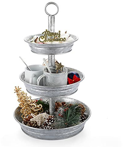 ELLDOO Plateau de service à 3 niveaux en métal galvanisé pour cuisine, salle à manger, fête et décoration de mariage, plateau de rangement rustique pour la maison, le rangement des cupcakes, des