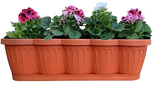 Hossi's Wholesale Blumenkasten 60cm, Balkonkasten mit Wasserspeicher, Pflanzkasten Terracotta im Wellendesign mit passendem Bewässerungsuntersetzer