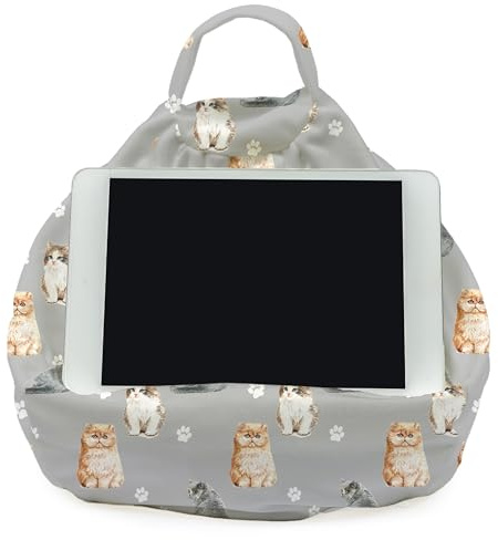 Rooms By Me Cojín de soporte para tablet con diseño de gatos para tabletas, lectores electrónicos, smartphones y libros con bolsillo para accesorios, fabricado en el Reino Unido, más de 50 diseños