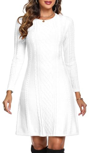 Aottori Robe Pull Femme Hiver Décontractée Tricotée Robe Pull Elegant Col Rond A Ligne Robes Casual Manches Longues Mini Robe Pull pour Fête Loisirs Cocktail Robe Pull Blanc S