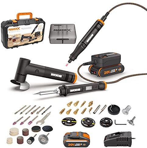 WORX Akku Multifunktionswerkzeug & Lötkolben Set & Winkelschleifer 18V(20V MAX) MakerX WX991, Bürstenlos Motor, PowerShare, 3 in 1 Combo Set mit Universal Zubehören 2Ah Akku & Ladegerät, Hub