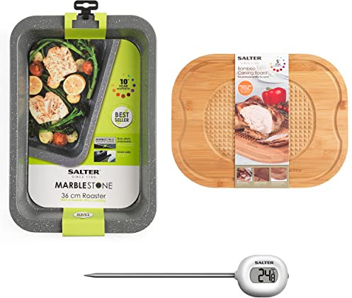 Salter COMBO-7804A Instant Read Digital Meat Thermometer, Marble Collection Carbon Steel Non Stick Roasting Pan and Bamboo Carving Board, Air Fryer Probe, 40 x 30cm Charcuterie Board, Baking Tray