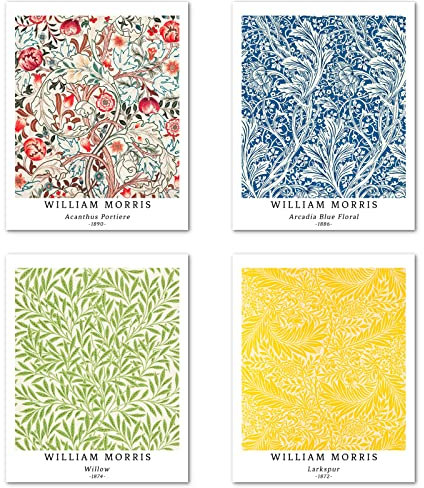 Kunstdruck Ungerahmt Bilder Set von 4, Poster Größe: 20x25 cm Premium Blumen Kunstpapier Wanddeko Unframed Bild Vintage Pink Blatt Familie Geschenk Passenden Wohnzimmer Deko William Morris Posters