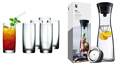 WMF Easy Longdrinkgläser Set 6-teilig, Cocktailglas 350ml, Kristallglas, bruchsicher & Basic Wasserkaraffe aus Glas, 1 Liter, Glaskaraffe mit Deckel, Silikondeckel, CloseUp-Verschluss