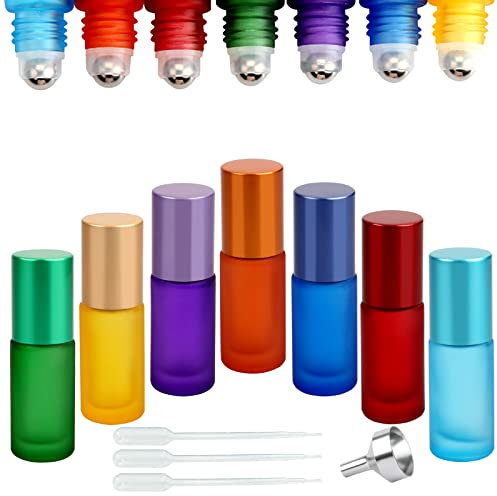 DKBT Roll on Glasflaschen für ätherisches öl 7 Stück ätherische öle Roll on Flasche Leer 5ml mit Edelstahl Roller Bällen für ätherische Öle,Parfüm,Kosmetika,Massagen (7 Farbe)