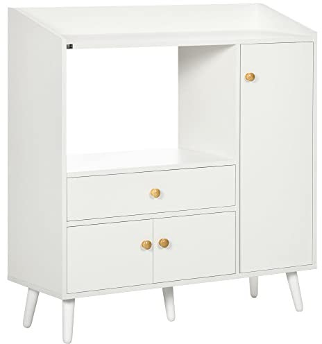 HOMCOM Aparador de Cocina para Microondas Armario Bajo de Cocina Mueble Auxiliar de Comedor con 3 Puertas Cajón y Compartimientos 90x30x94 cm Blanco
