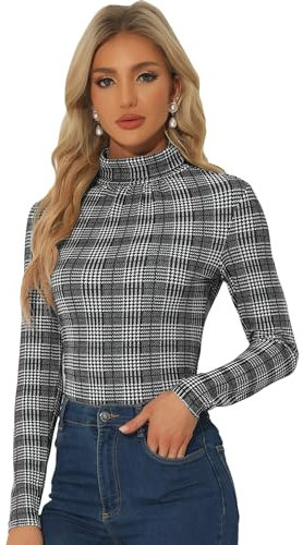 Allegra K Femmes Chemisier Col Roulé Manches Longues Carreaux Slim Noir Blanc Treillis L