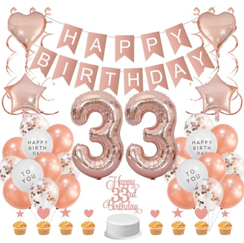 Guoguonb Rose Gold 33rd Birthday Decoration Set 33 Year Birthday Decoration Happy Birthday Banner Balloons Cake Topper Cake Decoration for Girls Madame Women Birthday