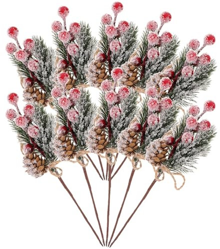 MAGICLULU 10 Stück Künstliche Tannenzweige Mit Roten Beeren Weihnachtsbeeren Kiefernspießchen Verschiedene Stechpalmenstiele Mit Kiefernzweigen Für Weihnachtsbaum-Blumenarrangements