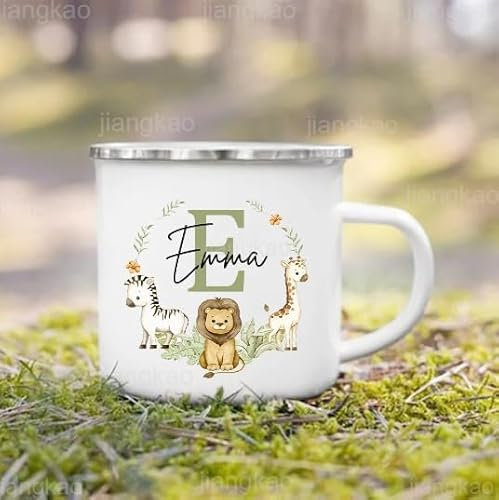 Générique Tasse enfant personnalisée avec prénom et initiale animaux - Acier émaillé - 360mL - Mug à jus, lait, chocolat chaud - Cadeau Noel, anniversaire, pâques, fête