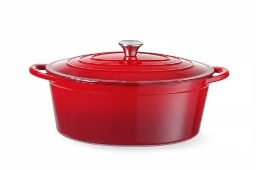 HENDI Cocotte casserole marmite en fonte émaillée, rouge, antiadhésif, avec couvercle, pour toutes les sources de chaleur (y compris l'induction), multifonctionnel, 6,88L, 405x255x(H)134mm
