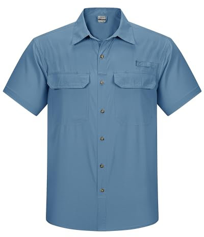 Outdoor Ventures Herren Hemd Kurzarm UV Schutz Freizeithemd Wasserdicht Schnelltrocknendes Funktionshemd zum Wandern, Angeln, Reise,Safari Glas Blau XXL