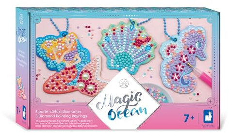 Janod - Magic Ocean - 3 Porte-Clés à Diamanter - Fabrication Porte Clés - Kit Loisir Créatif Enfant - Apprentissage Motricité Fine et Concentration – Dès 7 ans - J07793