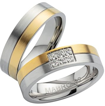 Paar Partnerringe & Eheringe aus Edelstahl 316L – 6 mm Trauringe matt mit PVD Gold & 6 Zirkonia, Hochzeitsringe mit Gravur im Etui | 2036