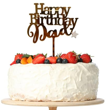 Happy Birthday Dad Cake Topper, Gold Acrylic Cake Decoration for Father, Men's Birthday Party Decorations