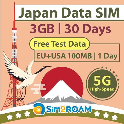 NUR Japan-Daten-SIM-Karte 30 Tage | 3 GB 5G/4G LTE-Hochgeschwindigkeits-Internetdaten | Reise-SIM-Karte | Zwei lokale japanische Anbieter, Softbank und KDDI |Keine Telefonnummer|短期帰国・短期来日最適・安心日本語サポート