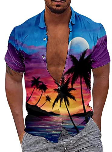 WKAYsIV Ken Doll Costume Style Coconut Tree 3D Digital Printing Casual Loose Fitting Creative Short Sleeved Shirt Body Fit Tops Men Blue