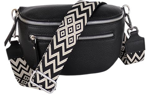 MIRROSI® Damen Bauchtasche Umhängetasche 27x14,5x8cm Damen, Made in Italy, aus Echtleder Tasche Echtes Leder, Brusttasche, Crossbody Bag,Bohemian Style (1 Tasche 2 Gurte) (Schwarz Boho)