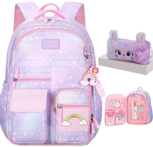 kistou Mädchen-Rucksack, Schulrucksack, Regenbogen-Schüler-Rucksack, Kawaii-Kinderrucksack, Büchertasche für Grundschule, Violett, Modern