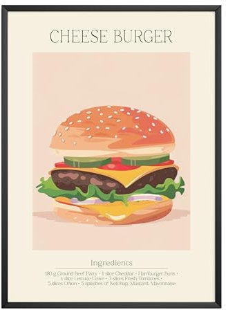 MJ-GRAPHICS - Poster Cheese Burger - Bild mit Speisen Rezept & Zutaten - Wandbild Din A2 in Galerie Qualität mit extra dickem 300g Posterpapier - Retro Poster FineArt Kunstdruck ohne Bilderrahmen