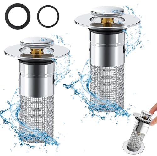 Editbar 2 tapones para lavabo con colador, tapón de desagüe pop up con colador, tapón de desagüe para baño o cocina