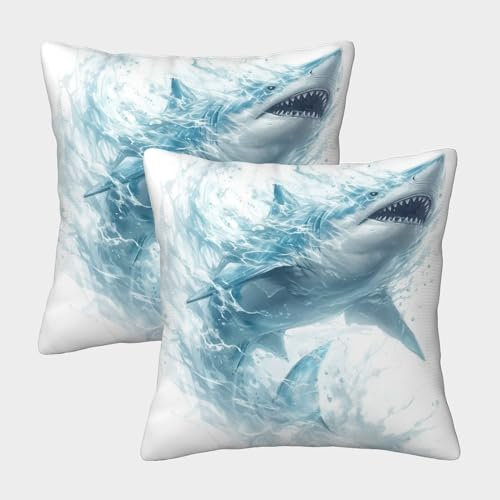 RJAVAGFZL Great White Shark Kissenbezug 2er Set Kissenbezüge Wohnzimmer Kissenhülle Sofakissen Polyester Polster Textil Für Sofa Schlafzimmer Couch Outdoor Zierkissen 50x50cm
