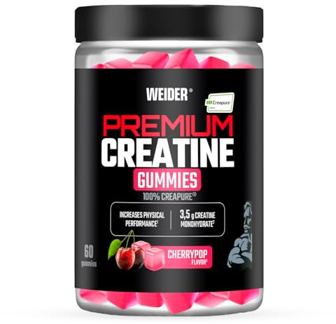Weider Premium Creatine Gummies (60 gommes) Goût Cerise, avec 3,5g Créatine Monohydrate 100% Creapure/dose, aide à augmenter la performance physique (20 portions)