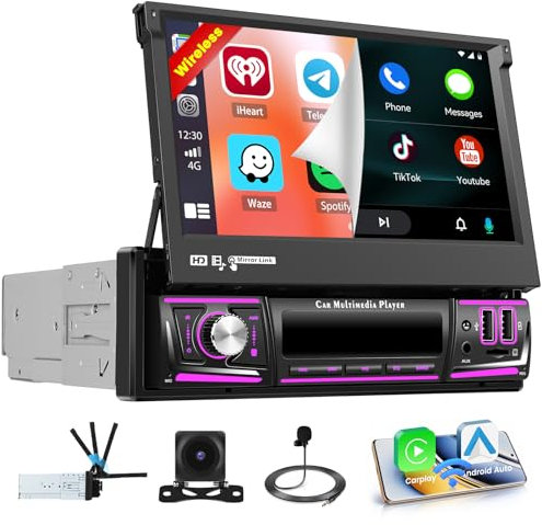 Hikity [4+64GB] Android 15 Autoradio, Wireless CarPlay Android Auto Mirror Link Radio, Customized Home Page Pantalla Táctil 7 Retráctil Manual Radio AI DSP Bluetooth5.0 Navi GPS EQ WiFi FM RDS