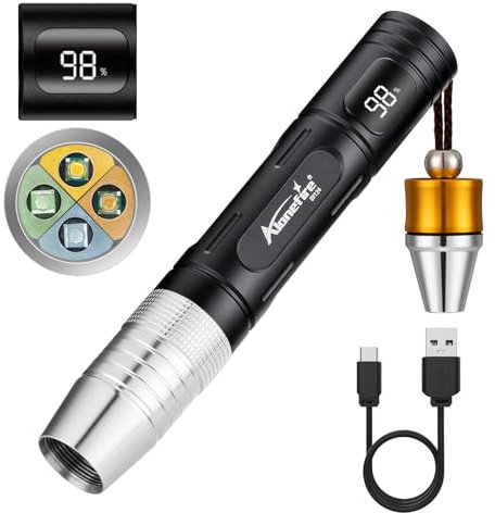 Alonefire SV124 EDC Flashlight Mini 365nm/395nm UV Blacklight, Yellow and White Light Digital Display USB C Rechargeable Pet Urine Detector for Rocks Gemstone with Little Focusing Tip,Built-in Battery