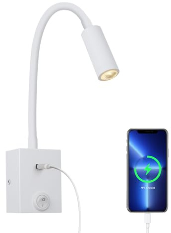 ERWEY LED Leselampe Wand, Bettlampe mit Schalter und USB-Ladeanschluss, 3W 3000K Warmweiß Bett Leselicht 360° Schwenkbar Schwanenhals Lampe Nachttischlampe für Schlafzimmer, Weiß