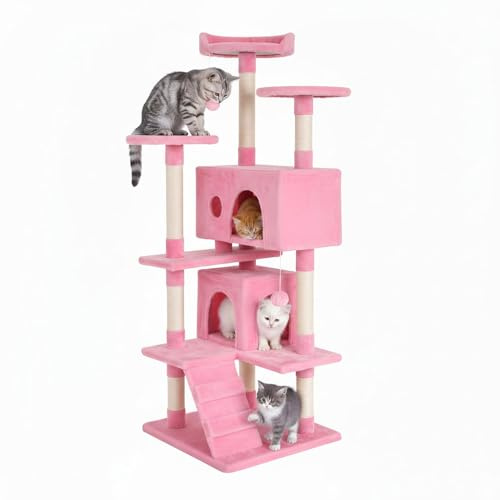 BestPet 139cm Cat Tree Tower for Indoor Cats,Multi-Level Furniture Activity Center with Scratching Posts Stand House Condo Funny Toys Kittens Pet Play House,Pink