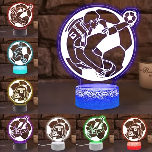 MYZQIFF Benutzerdefinierter Name Fußball Nachtlicht, personalisierte LED-Licht 16 Farben 3D Illusion Fußballspieler Lampe Weihnachten Geburtstag Fußballs Geschenke