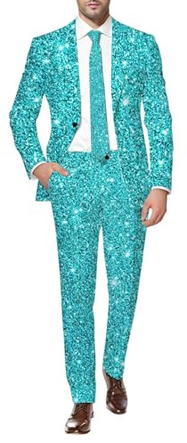 YOSUWOAI Glitzer Anzug Herren Party Pailletten Blazer und Hose 2-Teilige Anzugjacke und Anzughose Set 3D Digital Druck Glänzende Sakko Herrenanzug Karneval Halloween Set