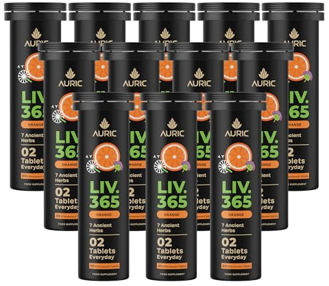 Auric Liver Detox Supplement 240 Tablets Orange Flavour Effervescent Fizzy Water with 10 Ayurvedic Herbs Drop, Dissolve, Fizz, Drink