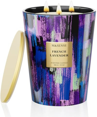 M&SENSE Große Duftkerze im Glas, Lavendel Scented Candle, 150 Stunden Brenndauer mit 3 Dochten, XXL-Kerze aus 990g Sojawachs zur Entspannung, Geschenk für Frauen, Weihnachten, Geburtstag, Muttertag