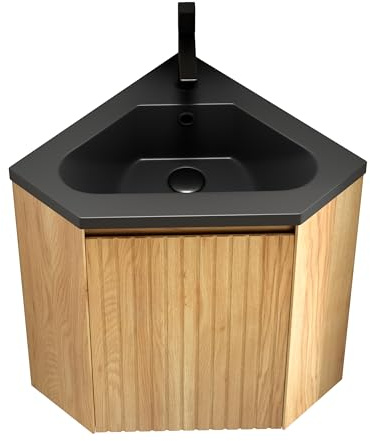kozamas Lavabo esquinero con armario inferior de 38 cm, montaje en pared, lavabo de resina negro mate, armario de baño de madera natural, ahorra espacio para baño pequeño e inodoro de invitados