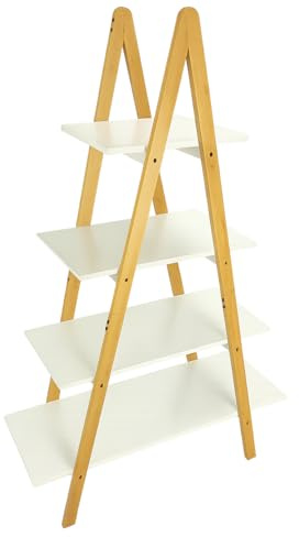 Begryf Leiterregal mit 4 Ablagen 80 x 30 x 116 cm, Standregal weiß mit Bambusgestell, Bücherregal Natur-weiß, dekoratives Regal für Wohnzimmer, Schlafzimmer und Büro