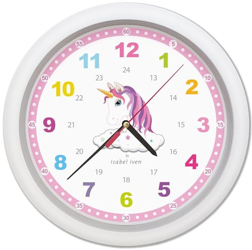 Isabel Iven® Designer Wanduhr Kinder mit Einhorn - Lautlose farbenfrohe Kinderwanduhr, Durchmesser 30 cm, Einfache Aufhängung, Wanduhr für Jungen und Mädchen, Lernuhr für Kinder von Designerin