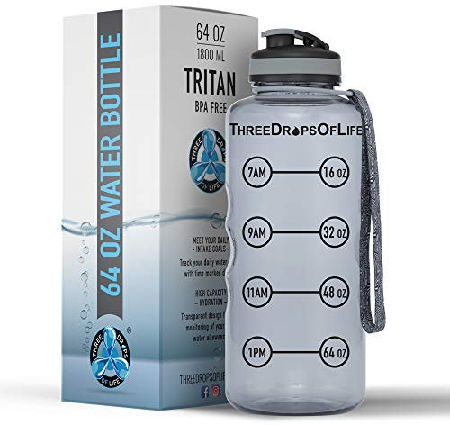 Three Drops of Life Borraccia in plastica Tritan, grande, grigio fumo, con rilevatore di idratazione ad alta capacità, senza BPA, riutilizzabile, ideale per uso interno, esterno, sport