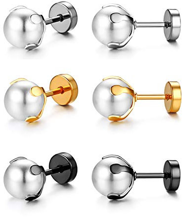 Flongo Damen Ohrringe Ohrstecker, 6/8mm Edelstahl Gestüt Stecker Ohrringe Ohrstecker Ohrhänger Silber Gold Schwarz Weiß Kugel Perle Perlen Elegant Set (3 Paar) Frauen