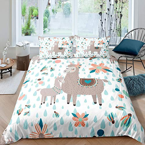 Loussiesd Nettes Lama Bettbezug Set Cartoon Lama Alpaka Bettwäsche Set 135x200cm Für KinderTeens Exotische Tribal Style Betten Set Blumenblumen Ultra Soft 2St