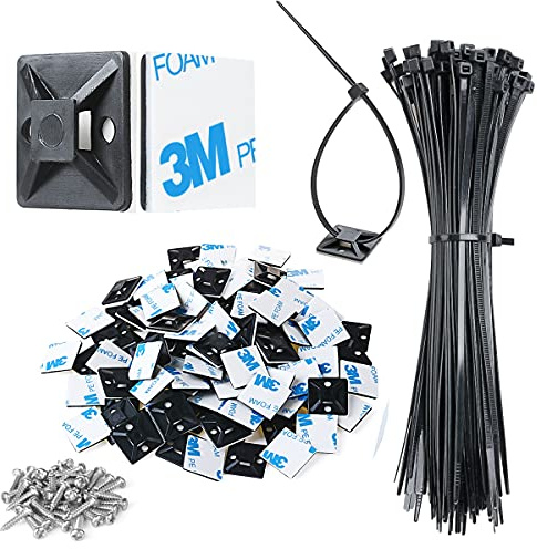 FayTun Strong Black Cable Zip Tie Mounts with 8 Zip Ties, Sticky Cable Clips Self Adhesive Wire Cable Clips Management Anchors Organizer Holders 100 PCS