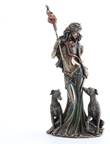 Veronese Design Statue aus kaltgegossenem Kunstharz, Antik-Bronze-Finish, 34 cm, Hekate, griechische Göttin der Magie mit ihren Hunden, Statue