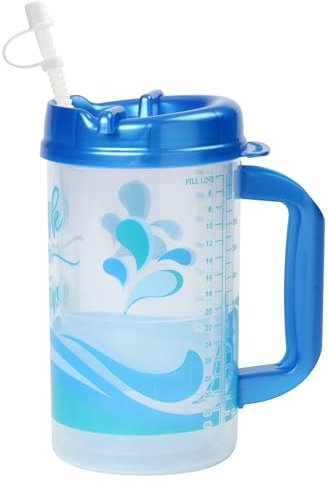 Plum Hill Drink More Water Plastic Tracking Hospital Mug With Measurements, Water Cup with Straw, 32 Oz Hospital Cup with Lid and Straw, Hospital Water Bottle with Straw (Pearl Blue)