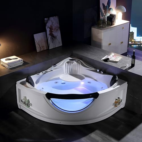 Empava Corner Whirlpool Bathtub with Heater,2 Person 59 Jetted Tub with Light,Spa Hydromassage with Chromatherapy,Acrylic,White, ETL Certified